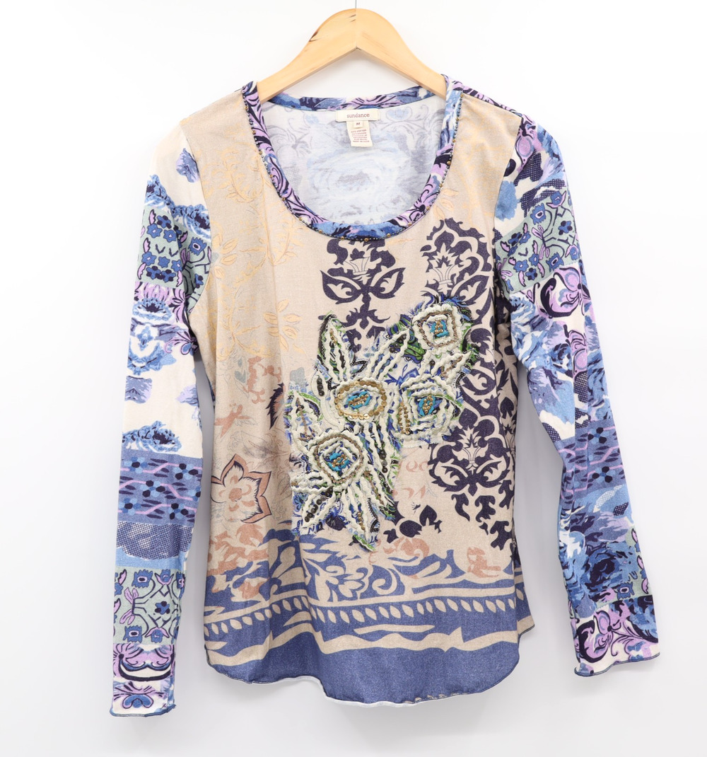 Sundance Sz M Women's Long Sleeve Cotton Blend Floral Paisley Embroidered Top
